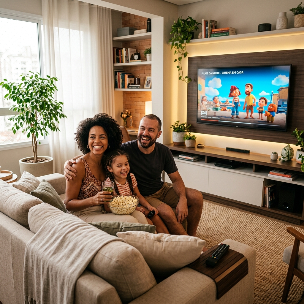Família assistindo TV com internet Total Fibra